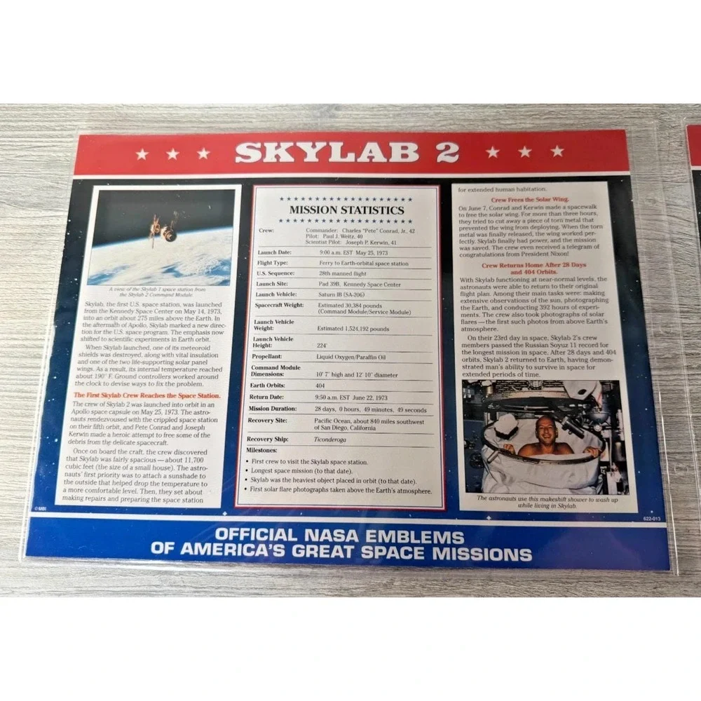 3 Vtg Official NASA Emblem Patch SKYLAB 2, 3 & 4 With Mission Data Card Facts